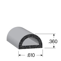 Graphic of D-shaped rubber seal with measurements of .610W x .360H, in black